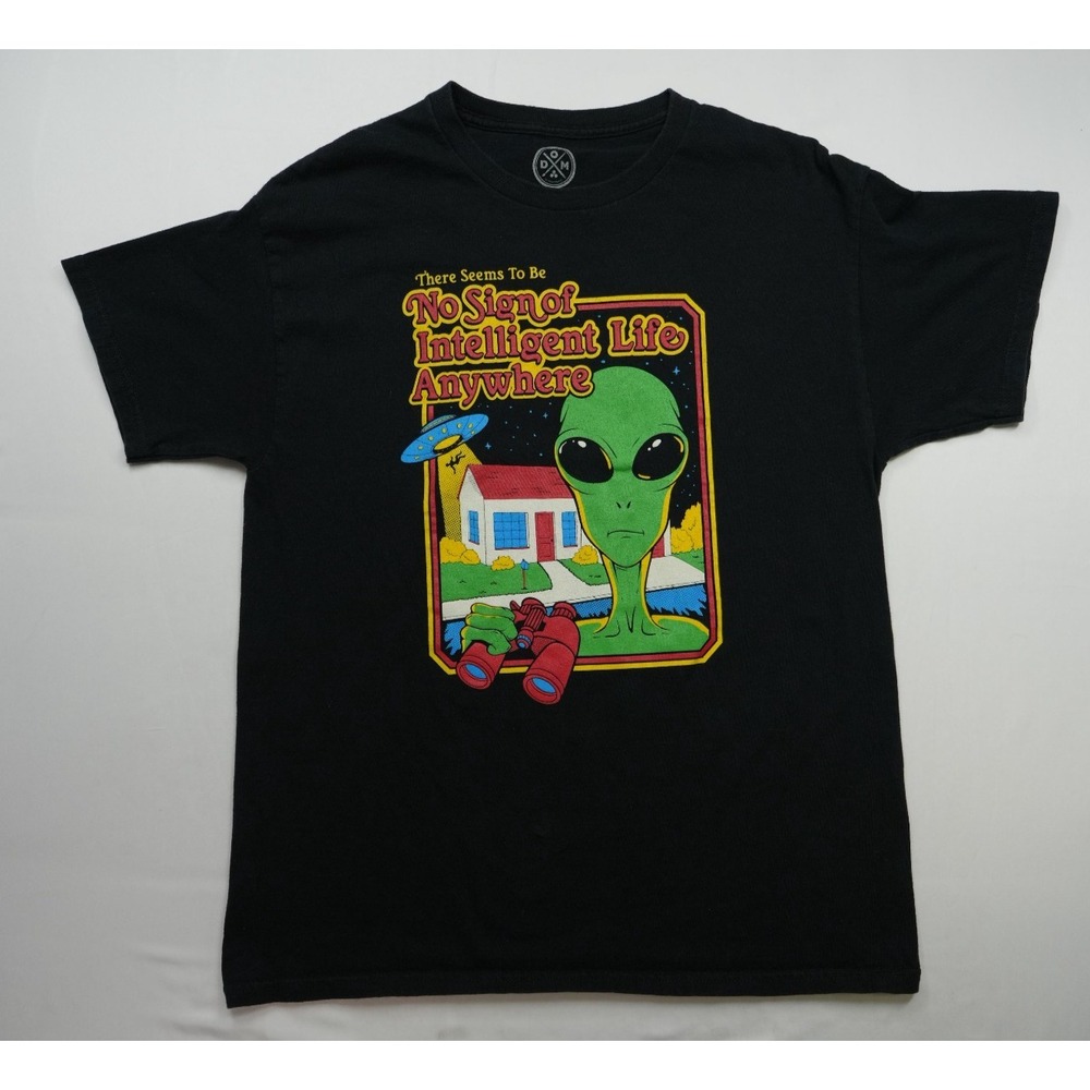 Dom T-Shirt Mens Size L Black No Sign of Intelligent Life Anywhere Alien Graphic